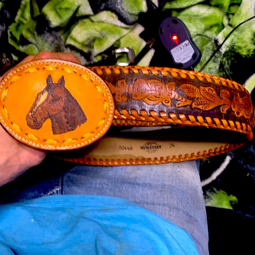 Horse belt buckle with hand tooled belt